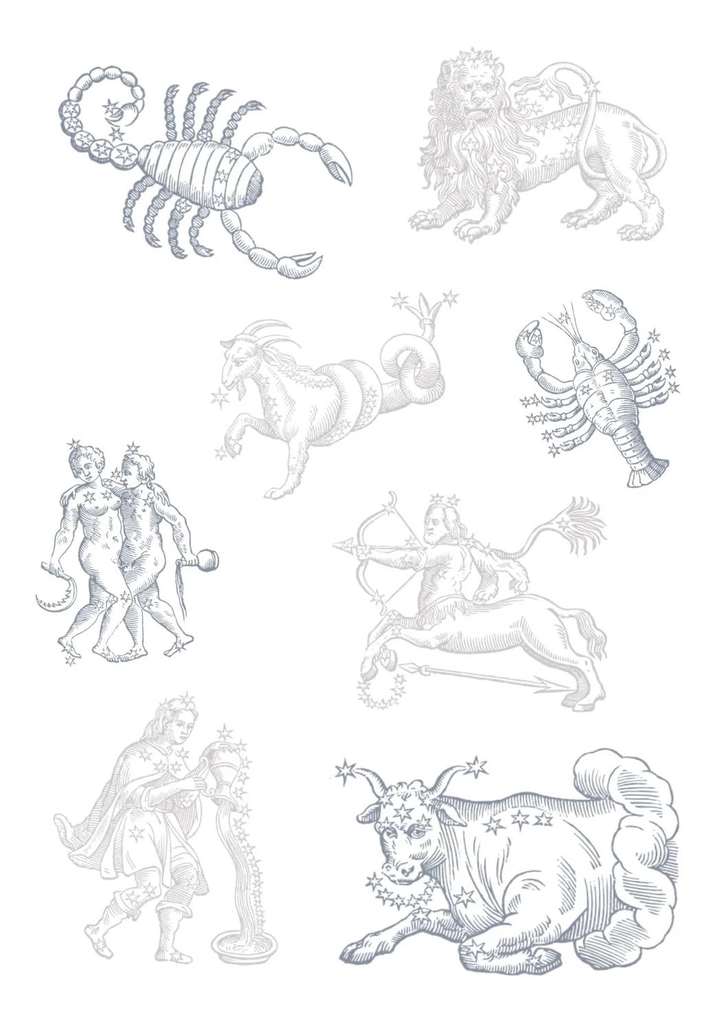 Dawne ryciny znaków zodiaku: Skorpion, Lew, Koziorożec, Rak, Bliźnięta, Strzelec, Wodnik i Byk